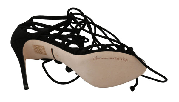 Schwarz Wildleder Riemen Stilettos Schuhe Sandalen