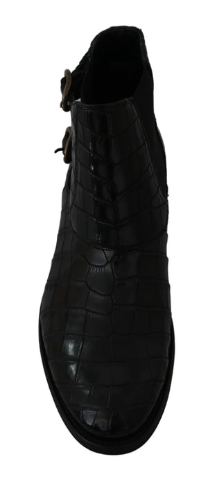 Schwarzes Krokodilleder Derby Stiefel Schuhe