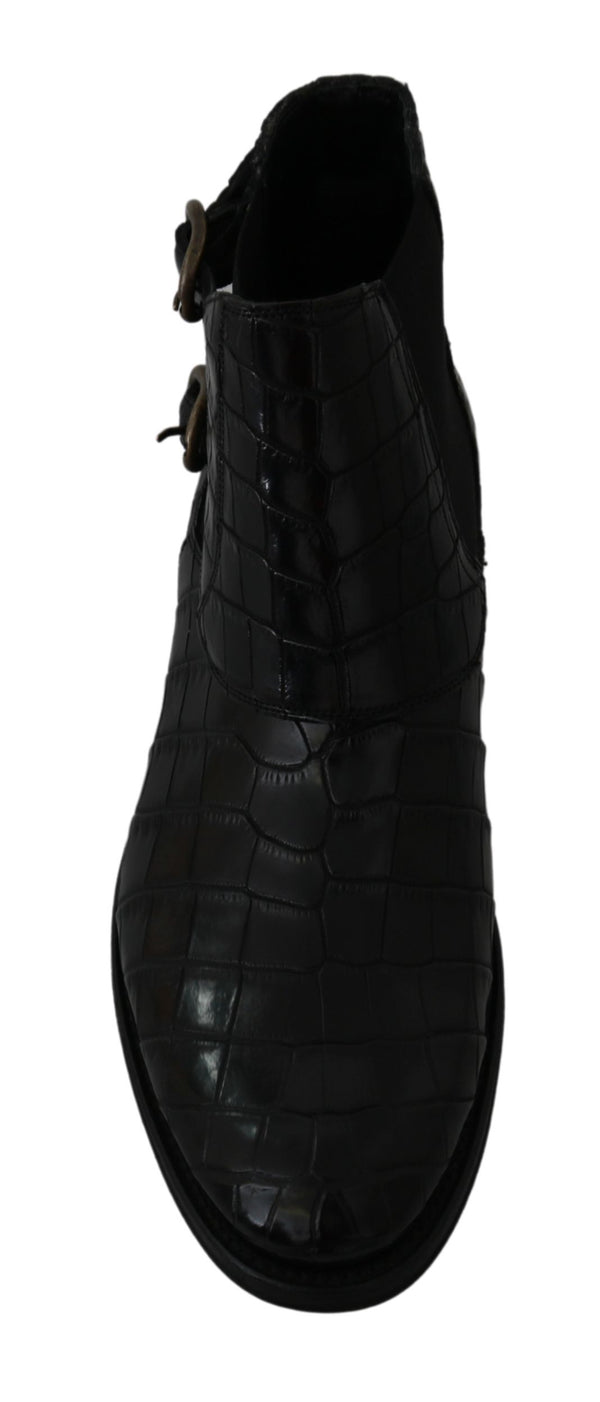 Schwarzes Krokodilleder Derby Stiefel Schuhe