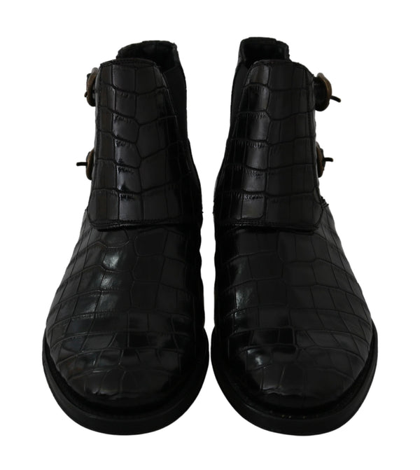 Schwarzes Krokodilleder Derby Stiefel Schuhe