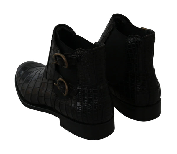 Schwarzes Krokodilleder Derby Stiefel Schuhe