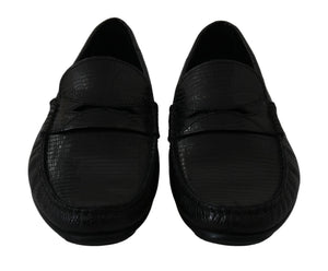 Schwarzes Eidechsenleder Flache Loafers Schuhe