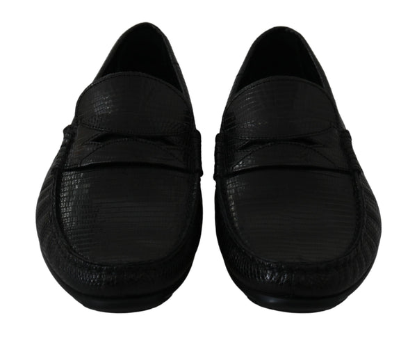 Schwarzes Eidechsenleder Flache Loafers Schuhe