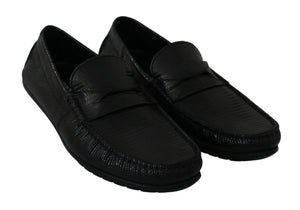 Schwarzes Eidechsenleder Flache Loafers Schuhe