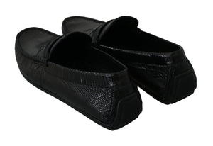 Schwarzes Eidechsenleder Flache Loafers Schuhe