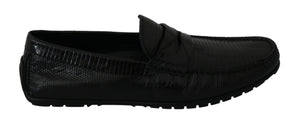 Schwarzes Eidechsenleder Flache Loafers Schuhe