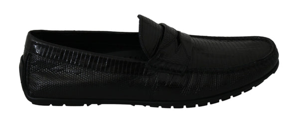 Schwarzes Eidechsenleder Flache Loafers Schuhe