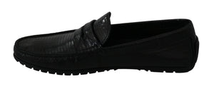 Schwarzes Eidechsenleder Flache Loafers Schuhe