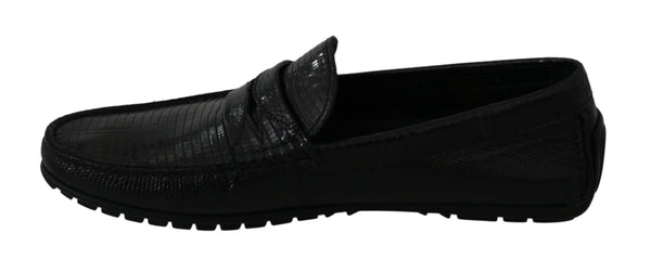 Schwarzes Eidechsenleder Flache Loafers Schuhe