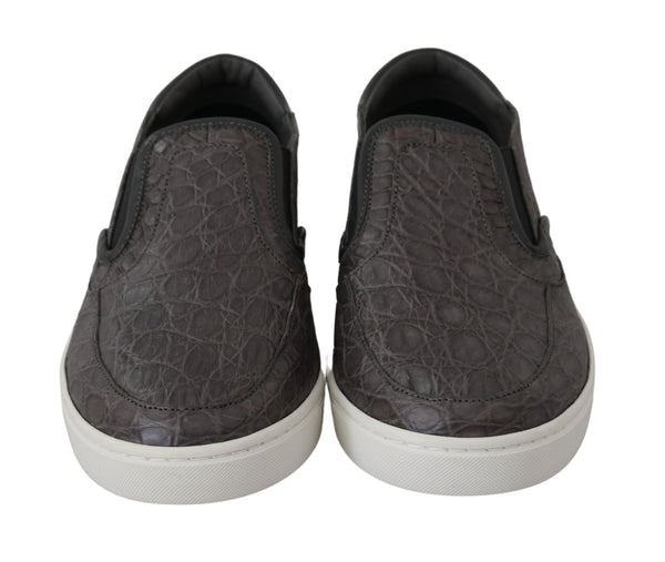Graues Leder Flache Kaiman Herren Loafers Schuhe