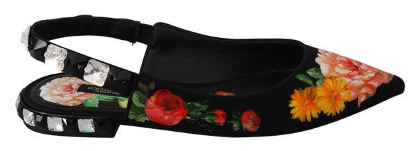 Schwarz Floral Kristall Slingbacks Flats Schuhe