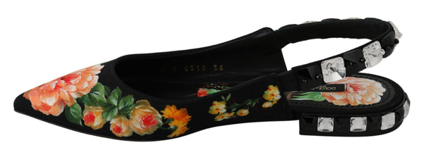 Schwarz Floral Kristall Slingbacks Flats Schuhe