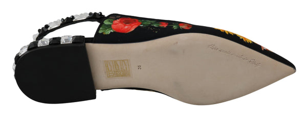 Schwarz Floral Kristall Slingbacks Flats Schuhe
