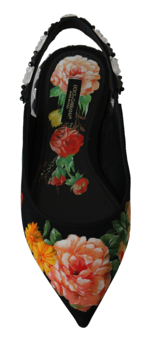 Schwarz Floral Kristall Slingbacks Flats Schuhe