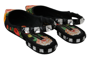 Schwarz Floral Kristall Slingbacks Flats Schuhe