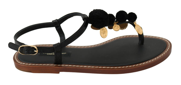 Schwarzes Leder Münzen Flip Flops Sandalen Schuhe
