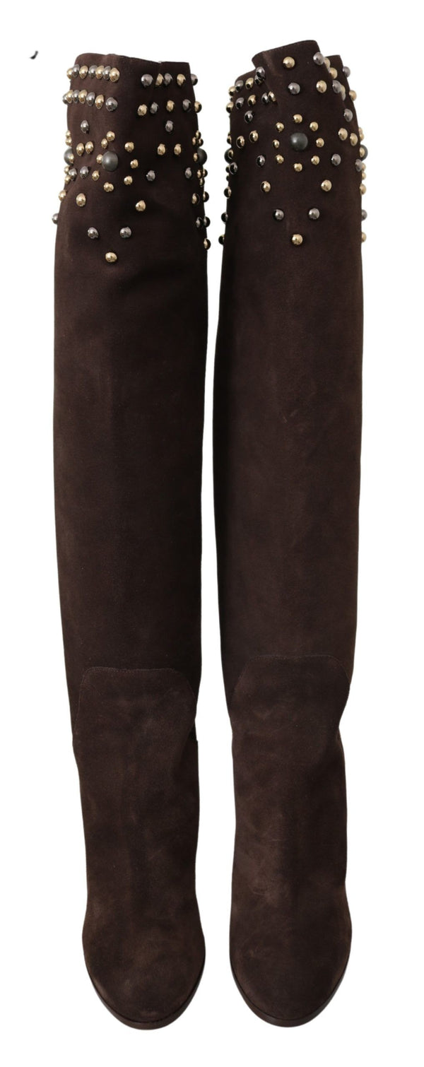 Braunes Wildleder Nieten Kniehohe Schuhe Stiefel