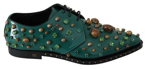 Grünes Leder Kristall Kleid Broque Schuhe