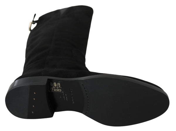 Schwarze kniehohe flache Wildlederstiefel Schuhe