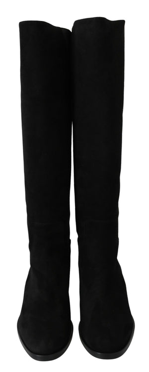 Schwarze kniehohe flache Wildlederstiefel Schuhe