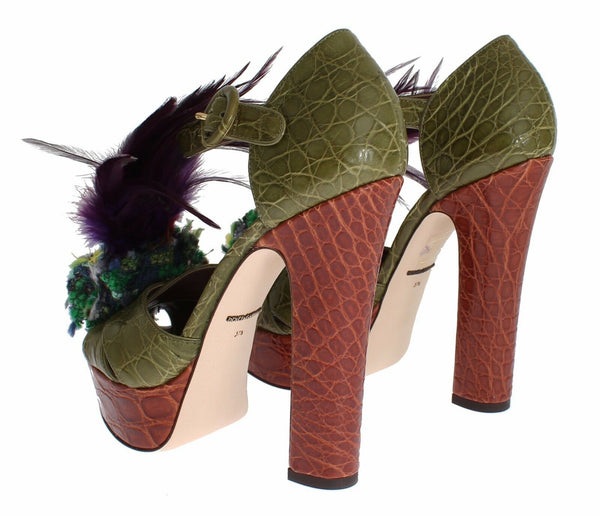 Grüne Leder Kristall Plateau Sandale Schuhe