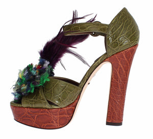 Grüne Leder Kristall Plateau Sandale Schuhe