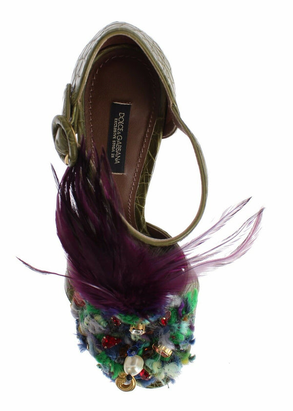 Grüne Leder Kristall Plateau Sandale Schuhe