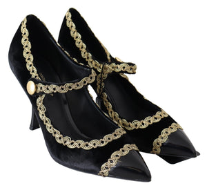 Schwarzer Samt Gold Mary Janes Pumps
