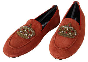 Orange Leder Crystal Crown Loafers Schuhe
