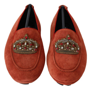 Orange Leder Crystal Crown Loafers Schuhe