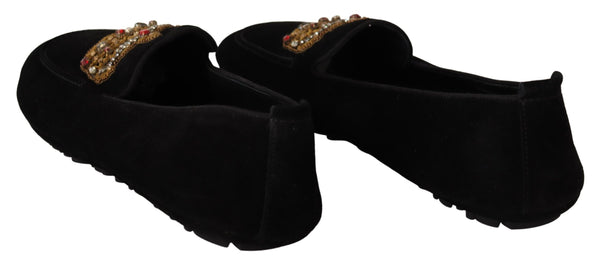 Schwarzes Leder Crystal Gold Crown Loafers Schuhe