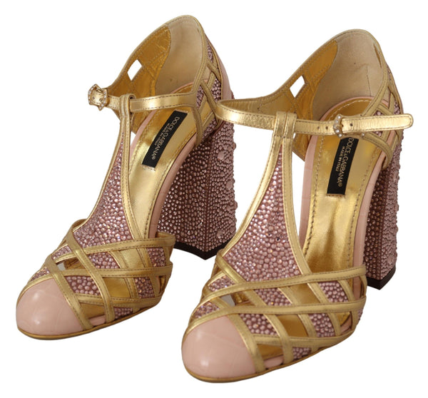 Rosa Gold Leder Kristall Pumps T-Riemen Schuhe