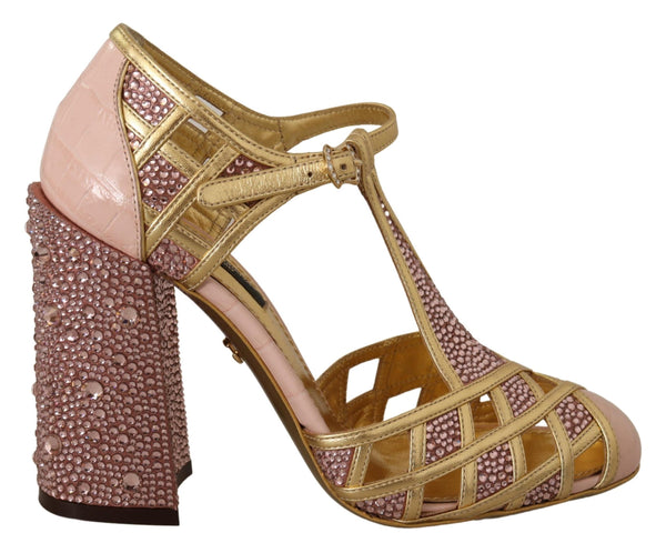 Rosa Gold Leder Kristall Pumps T-Riemen Schuhe