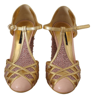 Rosa Gold Leder Kristall Pumps T-Riemen Schuhe