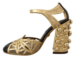 Schwarz Gold Leder Nieten Riemchen Schuhe