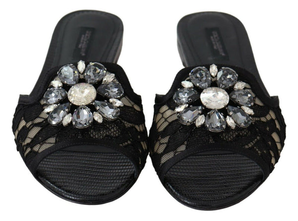 Schwarz Taormina Spitze Slides Kristalle Flats Schuhe