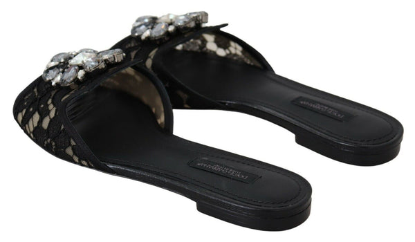 Schwarz Taormina Spitze Slides Kristalle Flats Schuhe