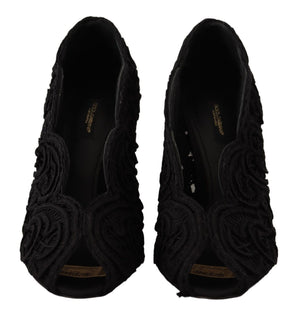 Schwarze Cordonetto Ricamo Pumps Offene Zehen Schuhe