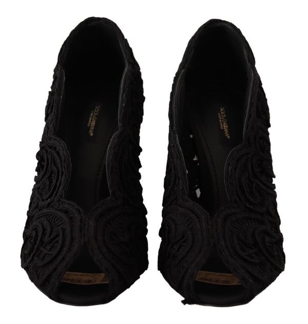 Schwarze Cordonetto Ricamo Pumps Offene Zehen Schuhe