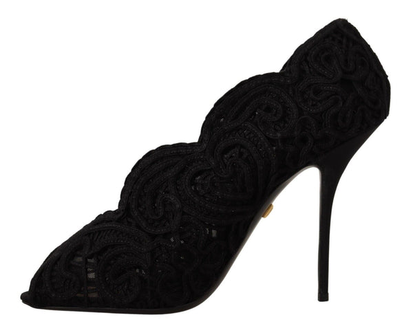 Schwarze Cordonetto Ricamo Pumps Offene Zehen Schuhe