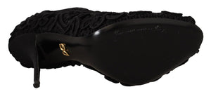 Schwarze Cordonetto Ricamo Pumps Offene Zehen Schuhe