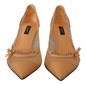 Pfirsich Mesh Leder Ketten Heels Pumps Schuhe