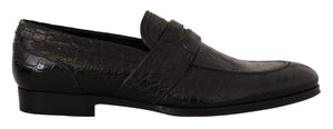 Schwarzes Krokodilleder Slip On Mokassin Schuhe