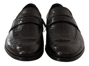 Schwarzes Krokodilleder Slip On Mokassin Schuhe
