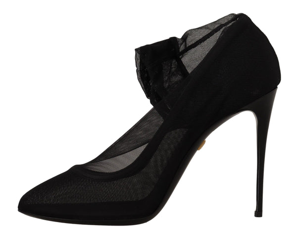Schwarz Tüll Stretch Stiefel Pumps Schuhe