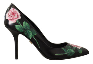Schwarz Leder Rosen High Heels Pumps Schuhe