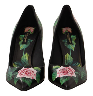 Schwarz Leder Rosen High Heels Pumps Schuhe