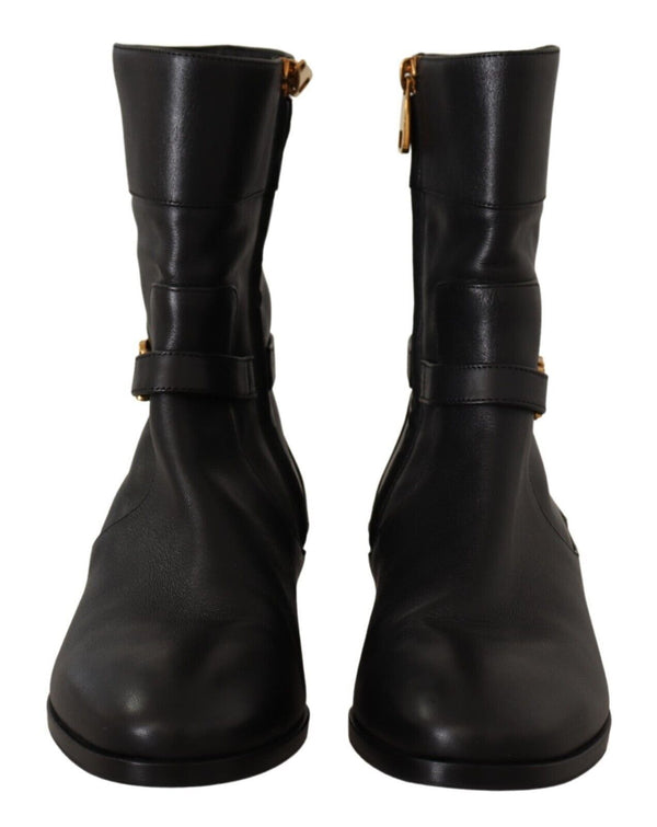 Schwarzes Leder Flats Logo Kurze Stiefel Schuhe