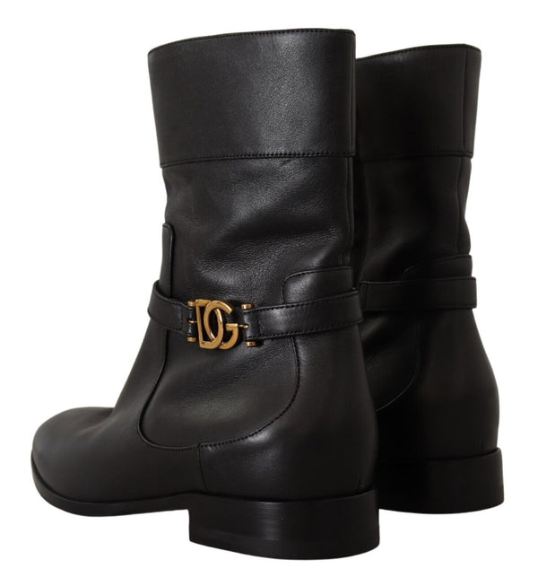 Schwarzes Leder Flats Logo Kurze Stiefel Schuhe