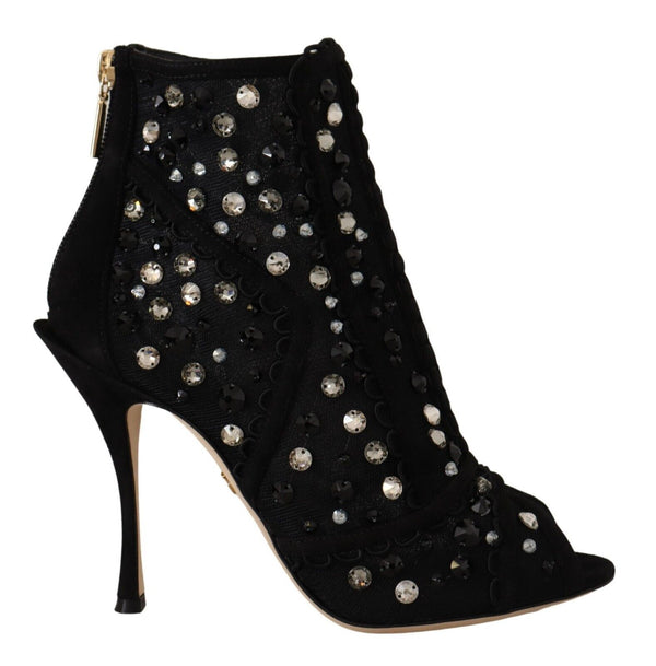 Schwarz Kristalle Heels Reißverschluss Kurze Stiefel Schuhe